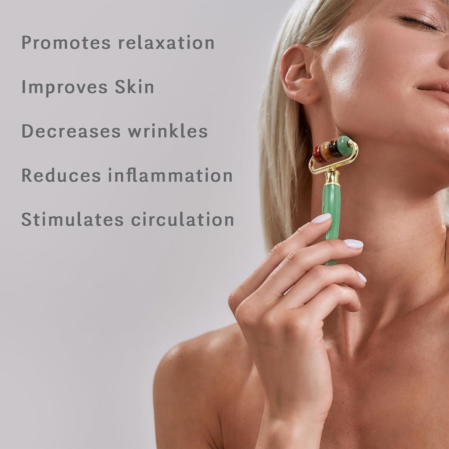 Luxe Multi-Stone Jade Face Roller for Skincare, Puffiness, Wrinkles, Relaxation, Circulation, Product Absorption & Massage, Rejuvenating Facial Tool for Women & Men, Multi-Color