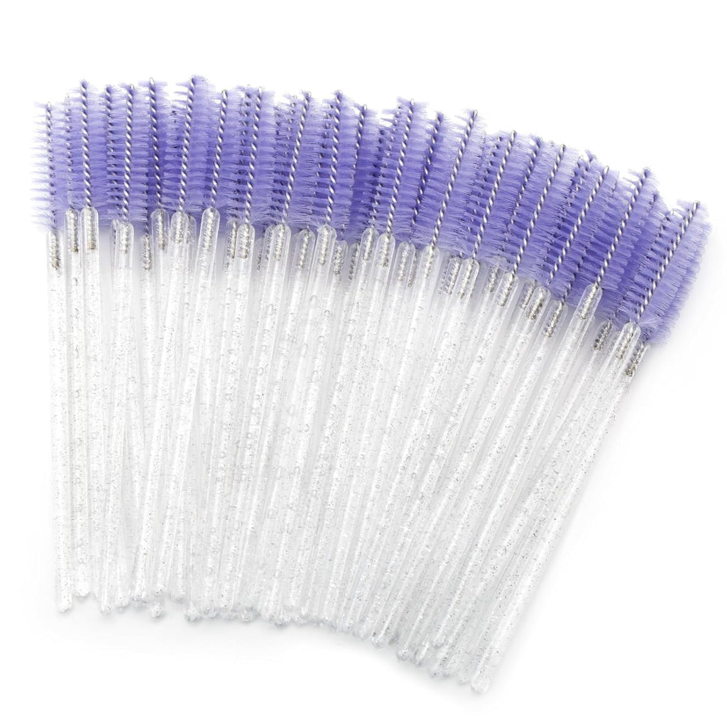 50PCS Crystal Mascara Wands, Disposable Eyelash Eyebrow Spoolie, Benable and Lightweight Eyelash Brush, Mascara Brushes for Makeup Eyelash Extensions (White+Purple)