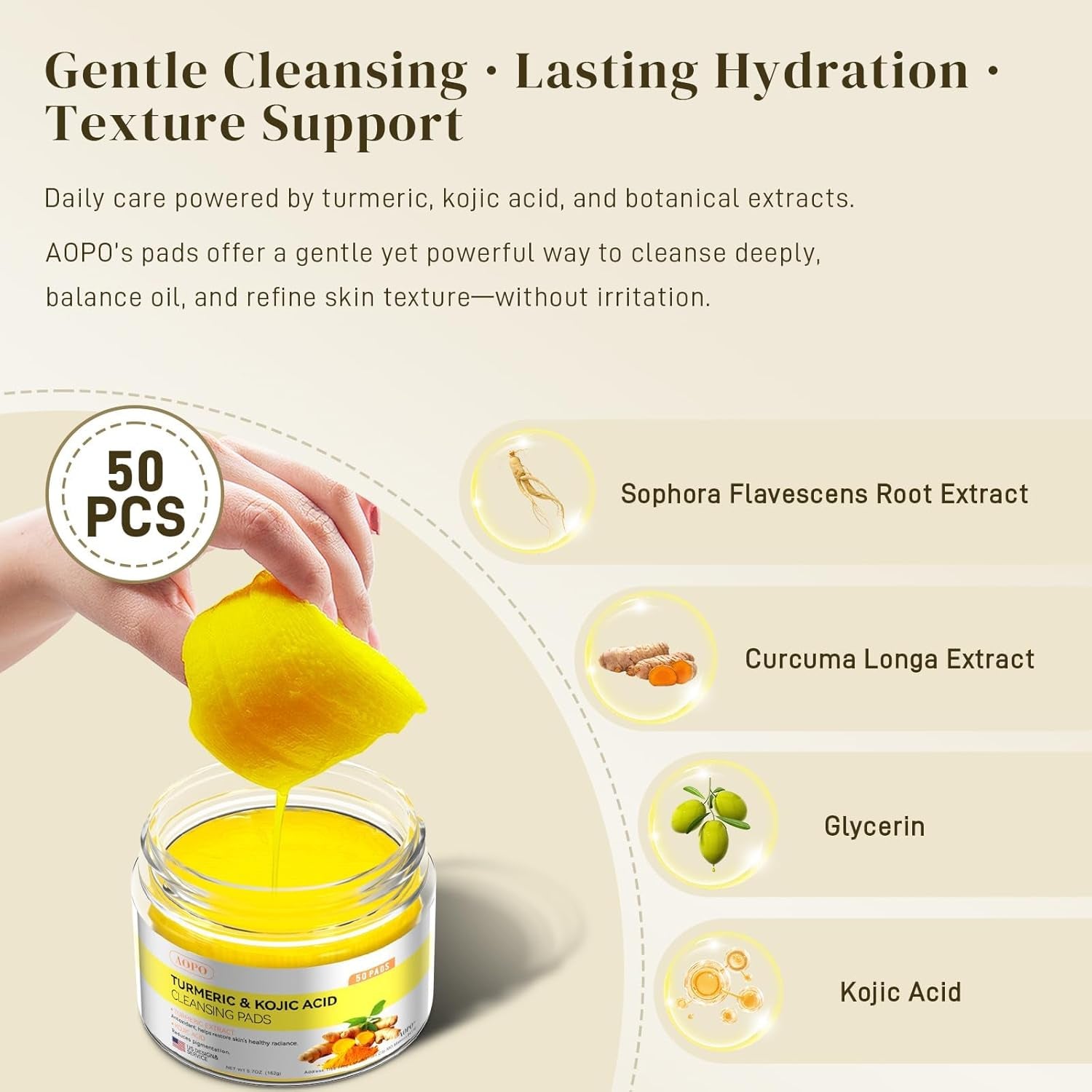 Kojic Acid and Turmeric Cleansing Pads, 50 Pcs, for Face Cleansing and Exfoliation