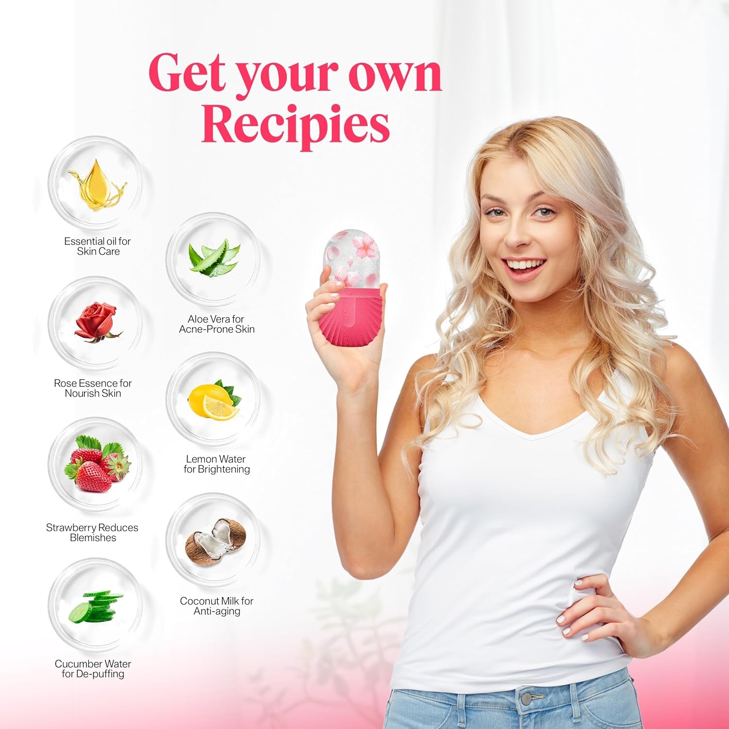 Ice Roller for Face,  Ice Cube Roller Massager for Face, Reduce Puffiness and Dark Circles, Minimize Pores and Improve Skin Texture (Pink, Ice Roller)