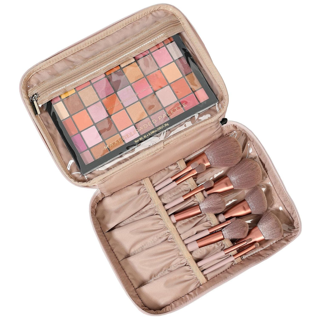 Large Double Layer Travel Makeup Bag Women, Cosmetic Case, Organizer for Travel-Size Accessories Bottles, Brushes, Conditioner, and Skin Care Products, Pink